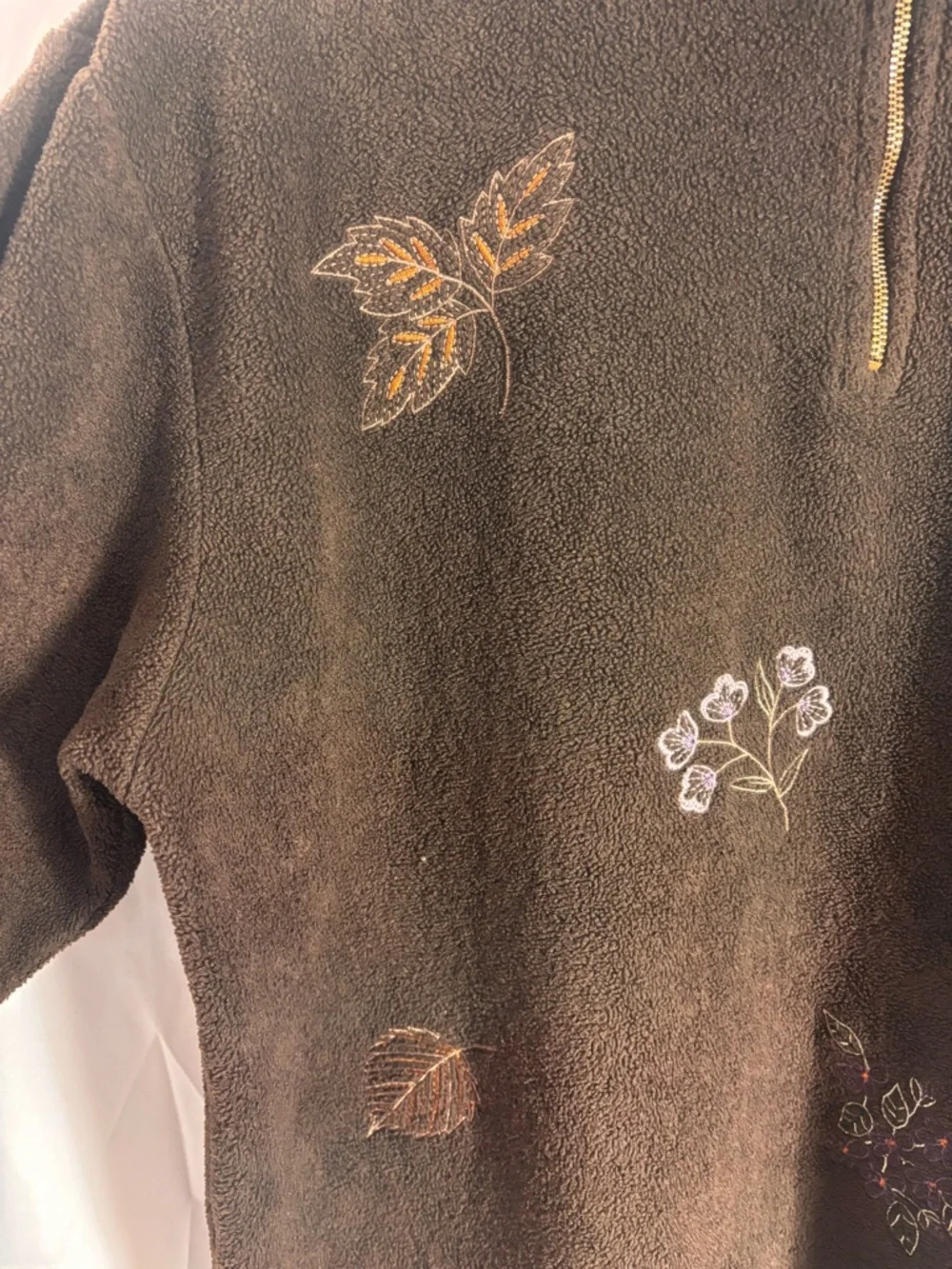 VTG Brown Embroidered‎ 1/4 Zip Artsy Boho Cozy Fleece Spring Sweater Size M